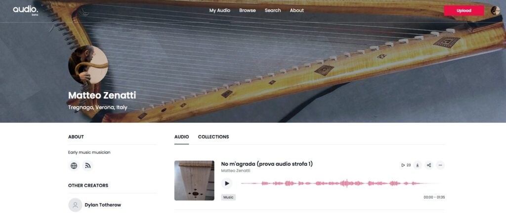 Screenshot del sito audio.com, profilo di Matteo Zenatti